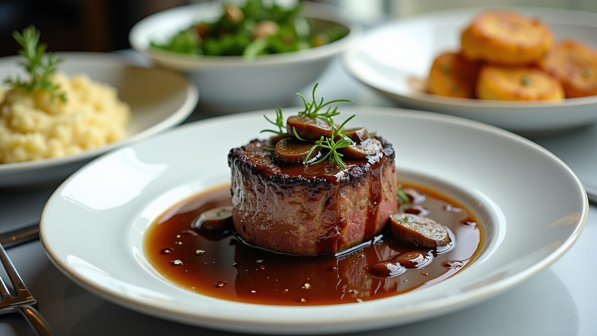 Acompanhamentos para filé mignon gourmet finalizado em prato elegante
