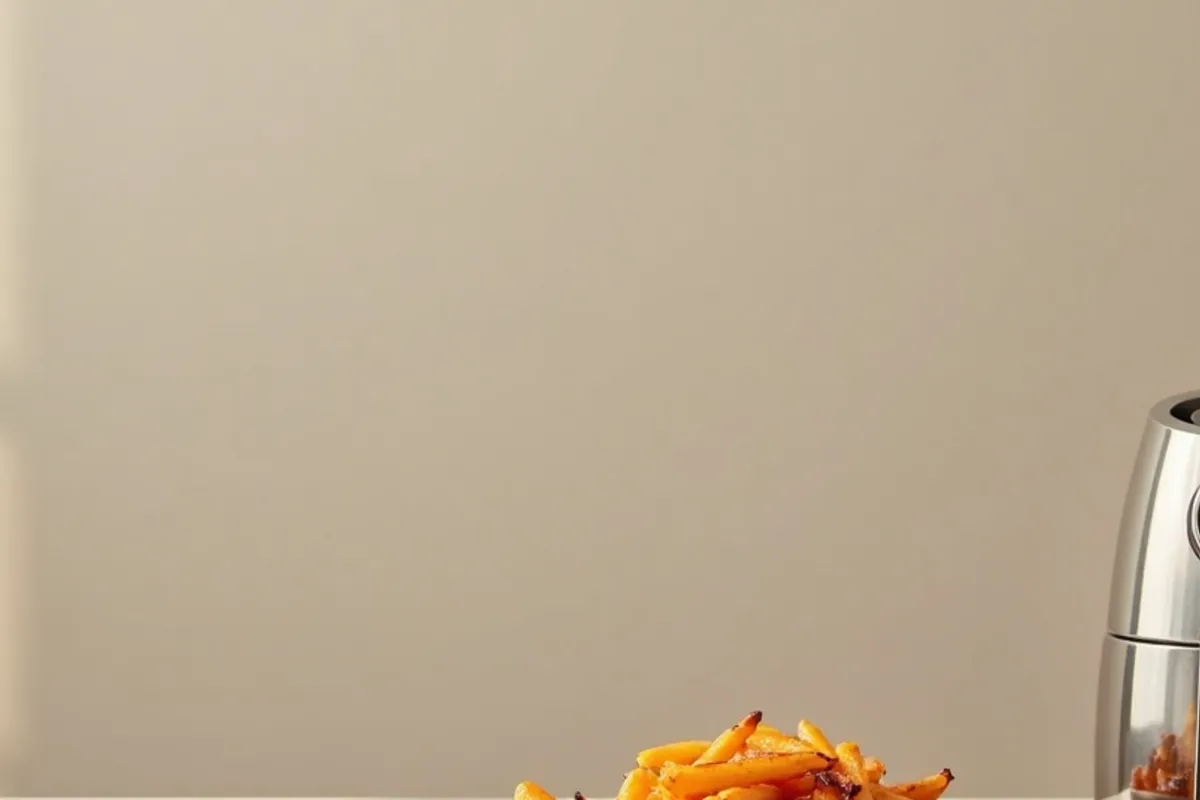 Detalhe do preparo de air fryer gourmet com luz natural