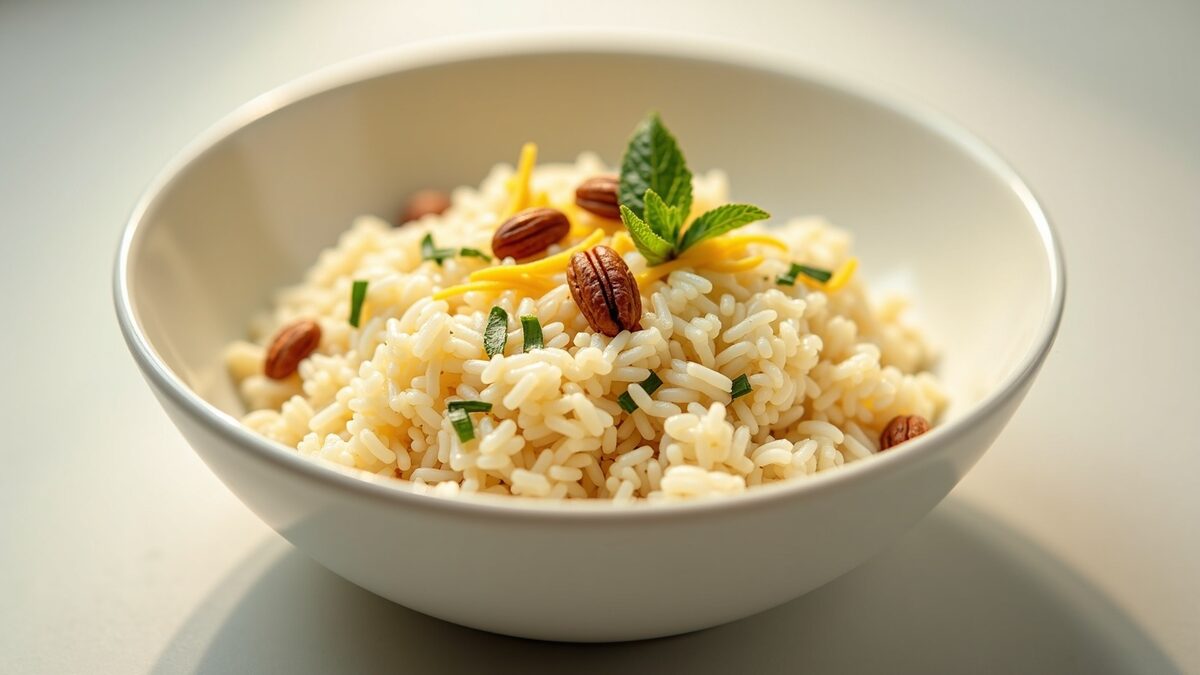 Arroz gourmet gourmet finalizado em prato elegante