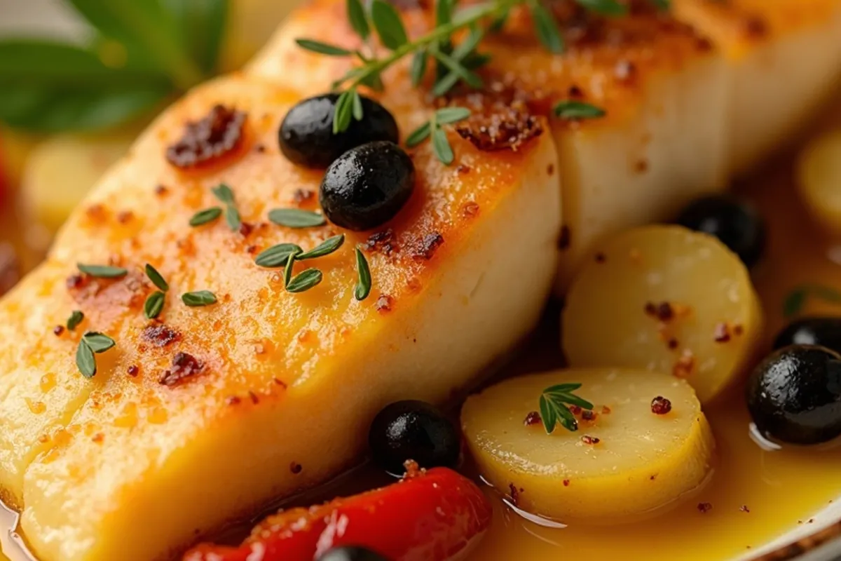 Detalhe do preparo de bacalhau ao forno com luz natural