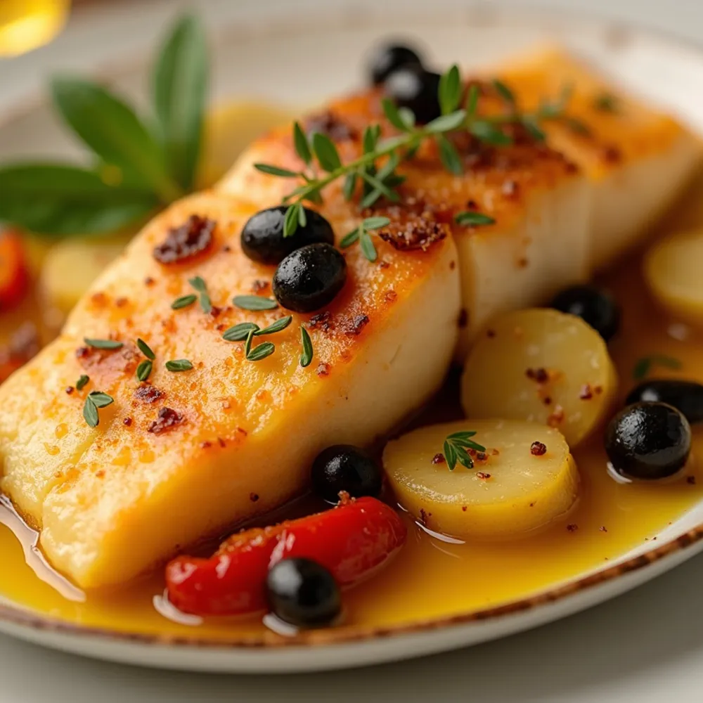 Bacalhau ao forno gourmet em composição quadrada