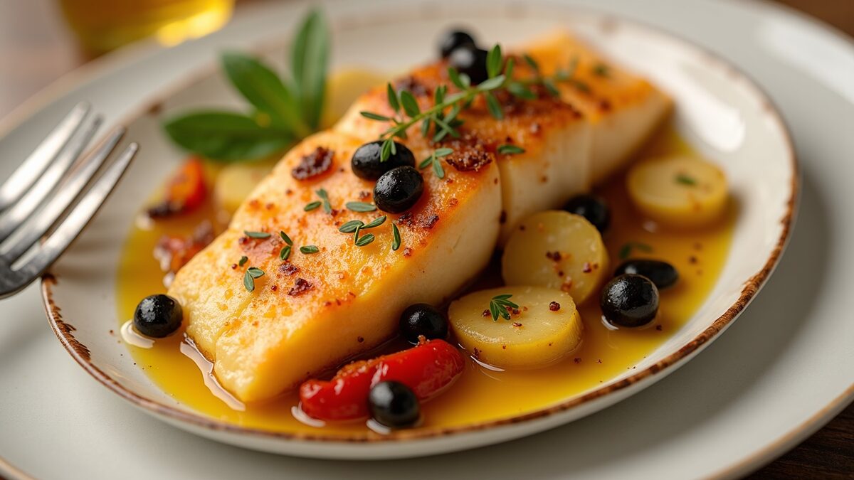 Bacalhau ao forno gourmet finalizado em prato elegante