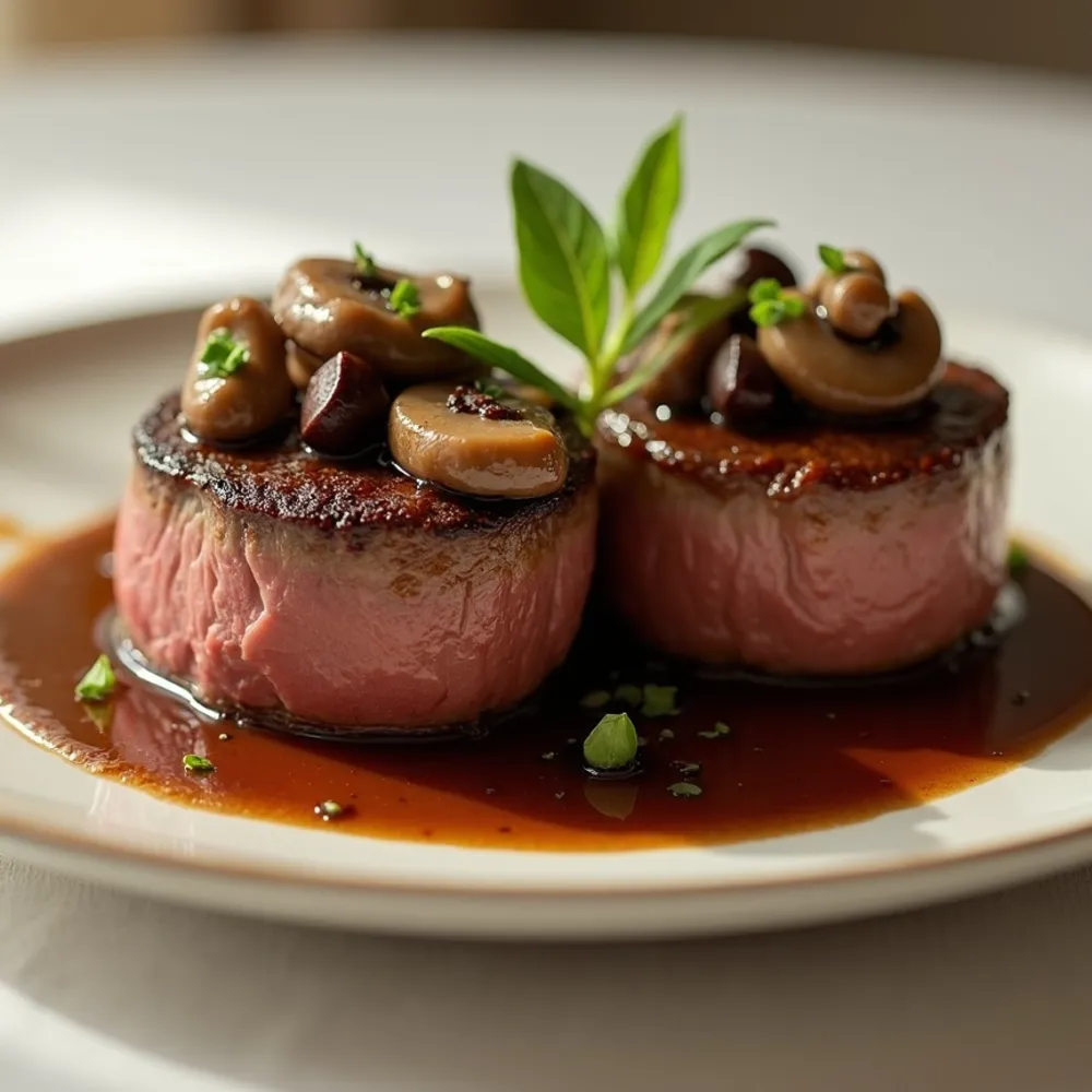 Filé mignon molho madeira gourmet em composição quadrada