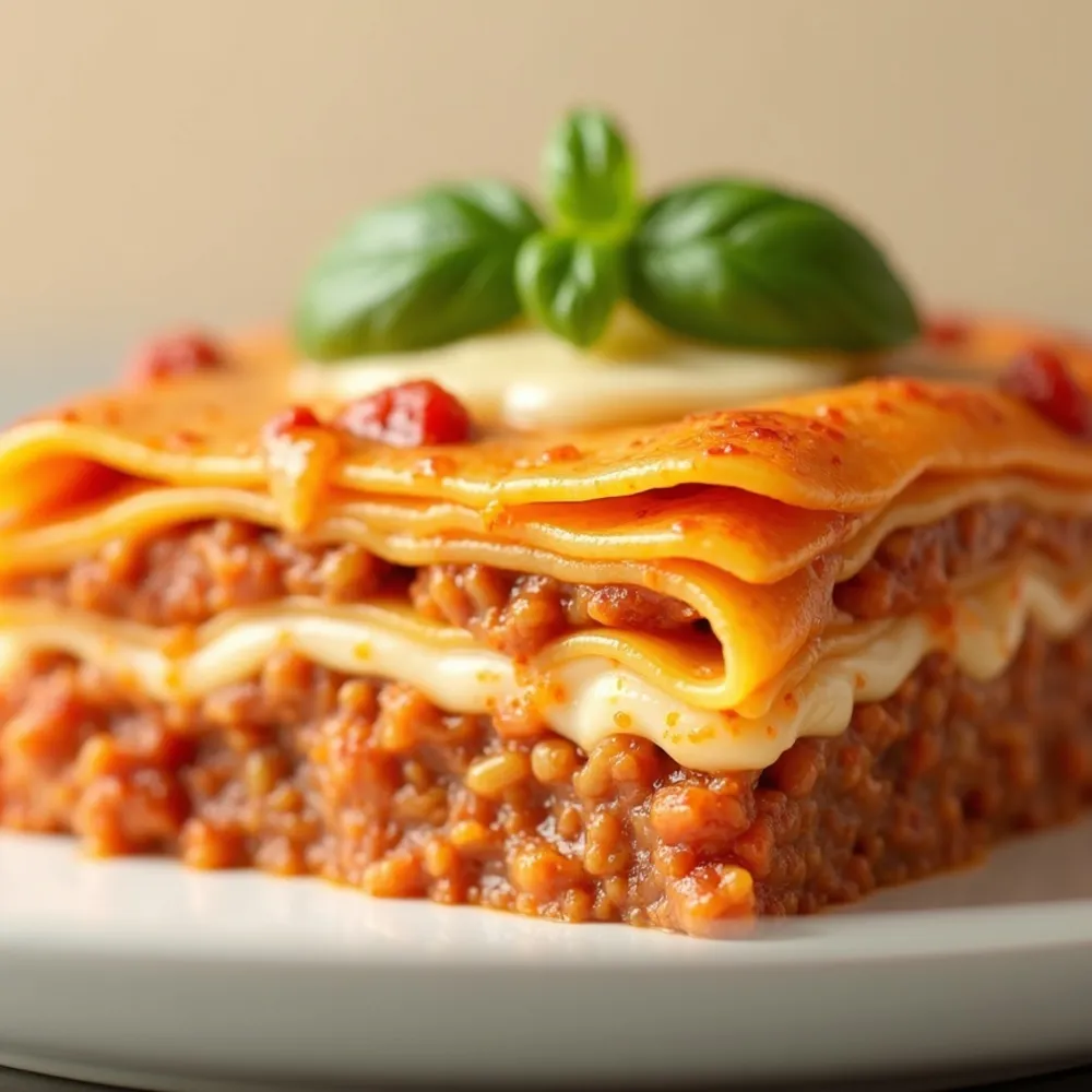 Lasanha à bolonhesa gourmet em composição quadrada