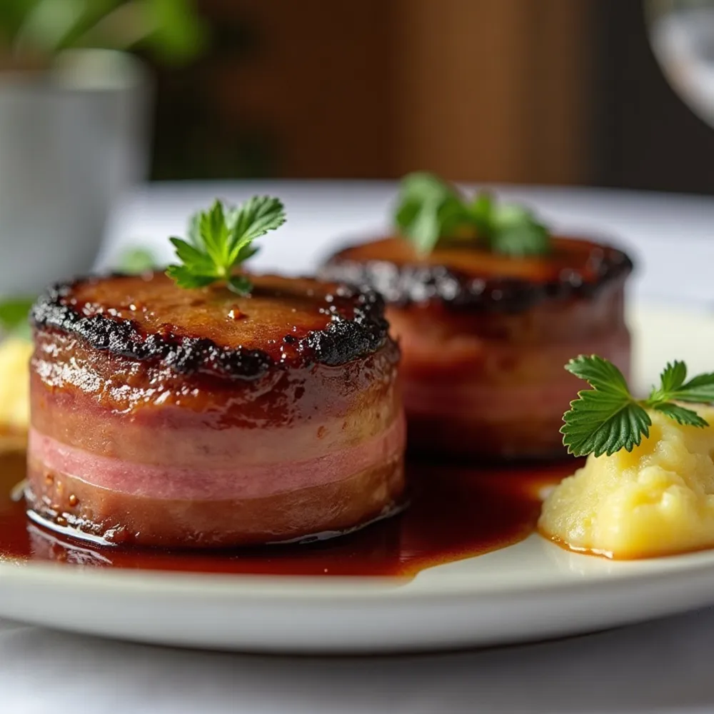 Medalhão ao molho madeira gourmet em composição quadrada