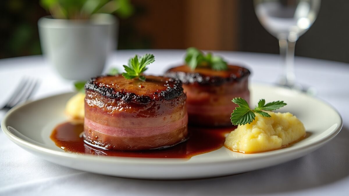 Medalhão ao molho madeira gourmet finalizado em prato elegante