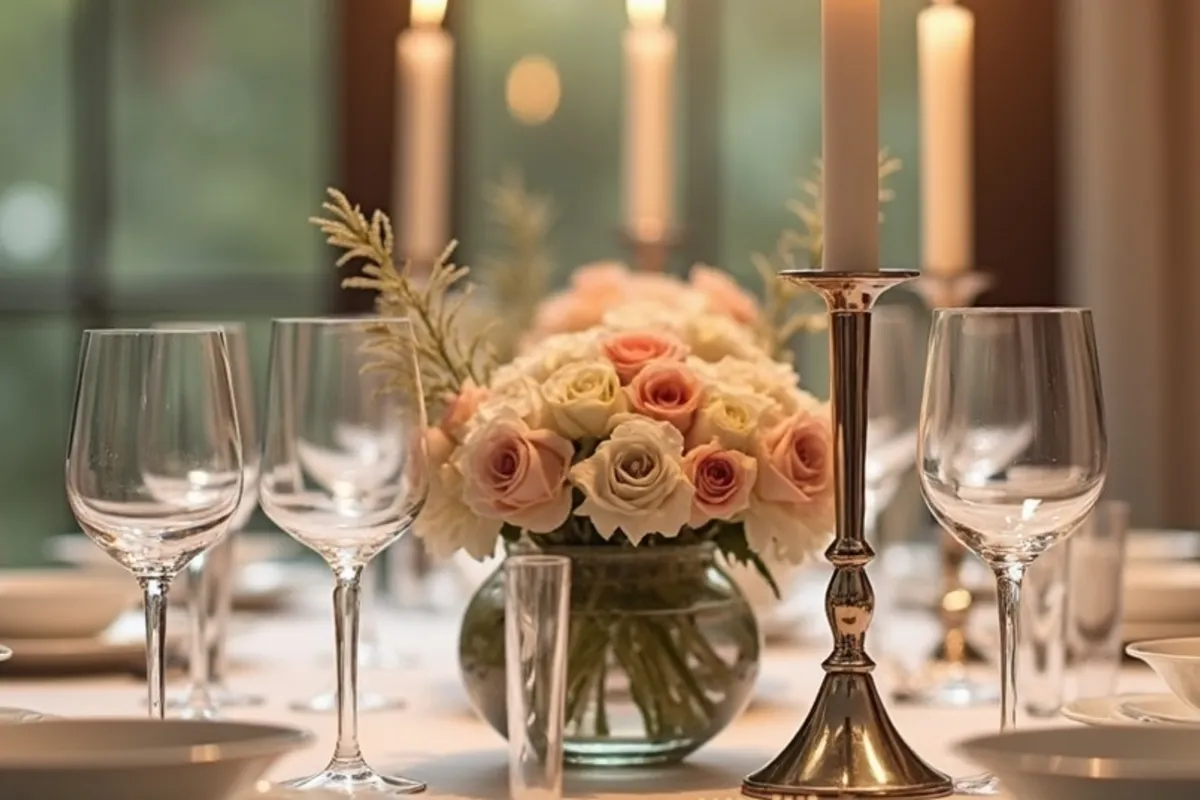 Detalhe do preparo de mesa posta com luz natural