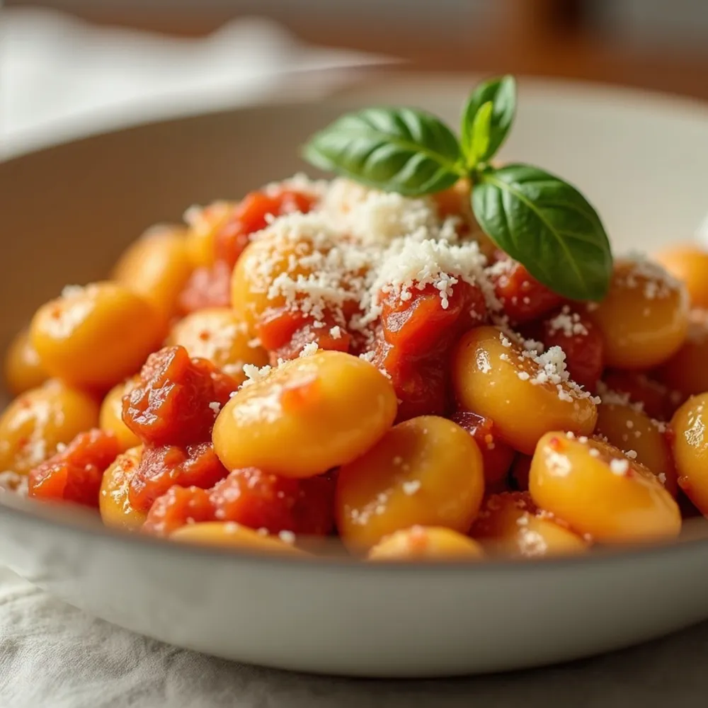 Nhoque ao sugo gourmet em composição quadrada