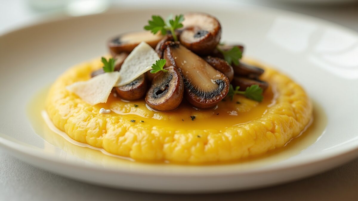 Polenta cremosa gourmet finalizado em prato elegante