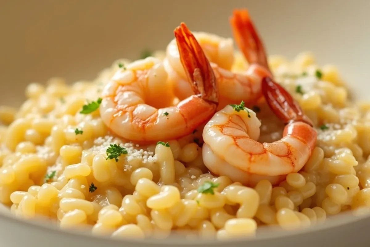 Detalhe do preparo de risoto cremoso de camarão com luz natural