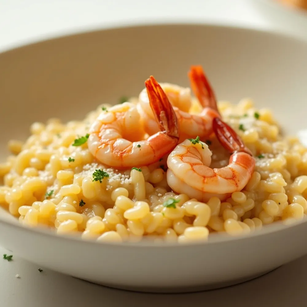 Risoto cremoso de camarão gourmet em composição quadrada