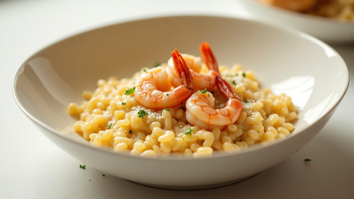 Risoto cremoso de camarão gourmet finalizado em prato elegante