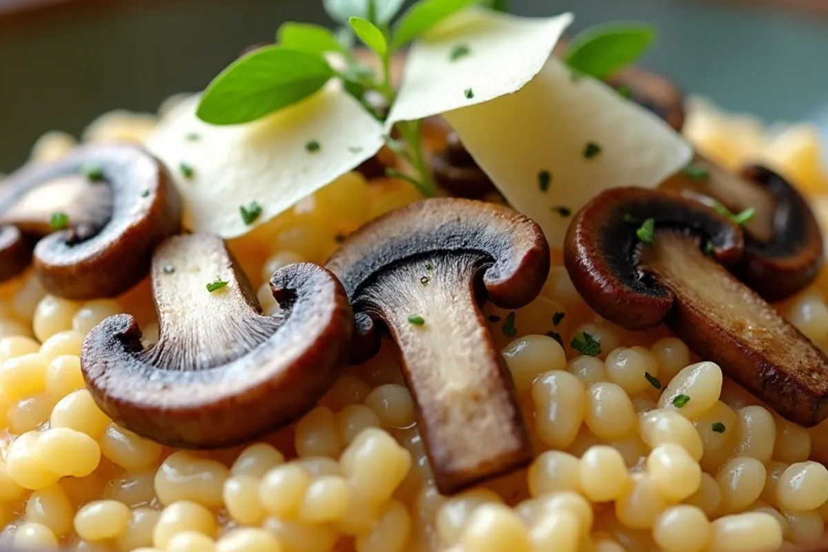 Detalhe do preparo de risoto de cogumelos com luz natural