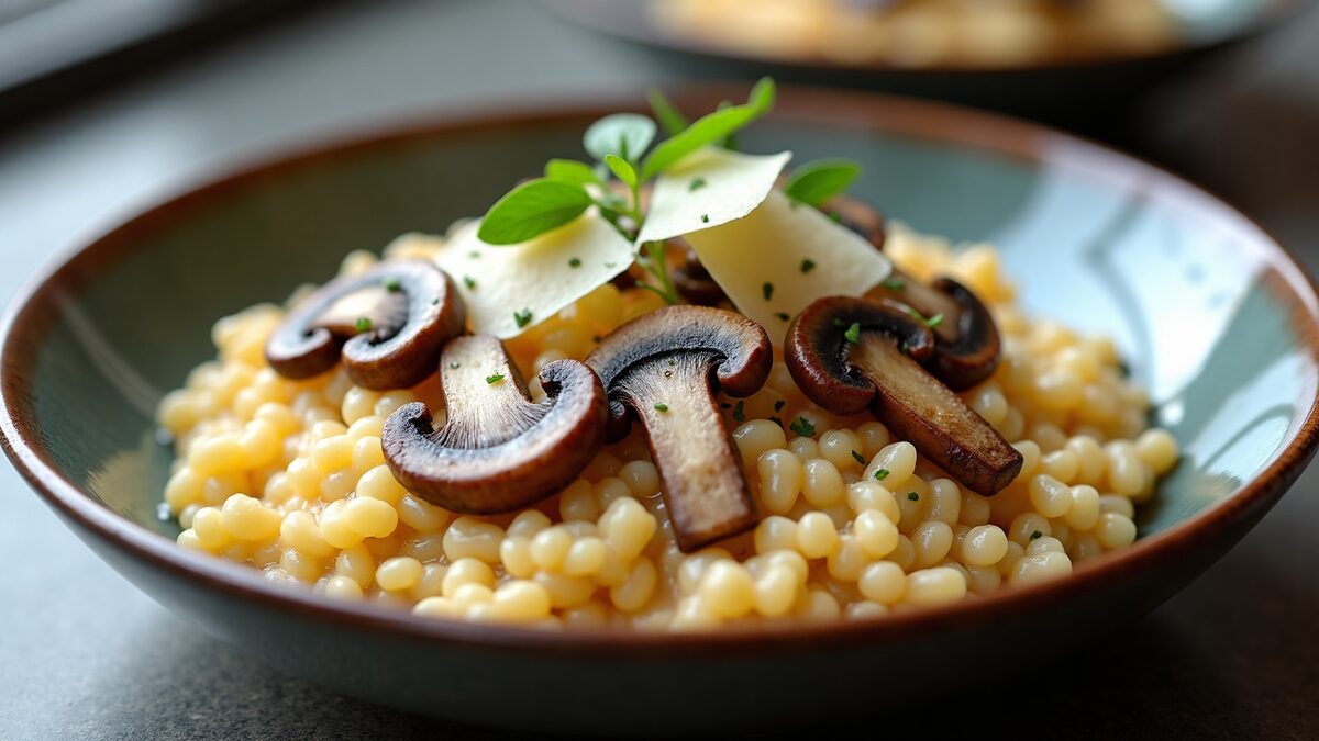 Risoto de cogumelos gourmet finalizado em prato elegante