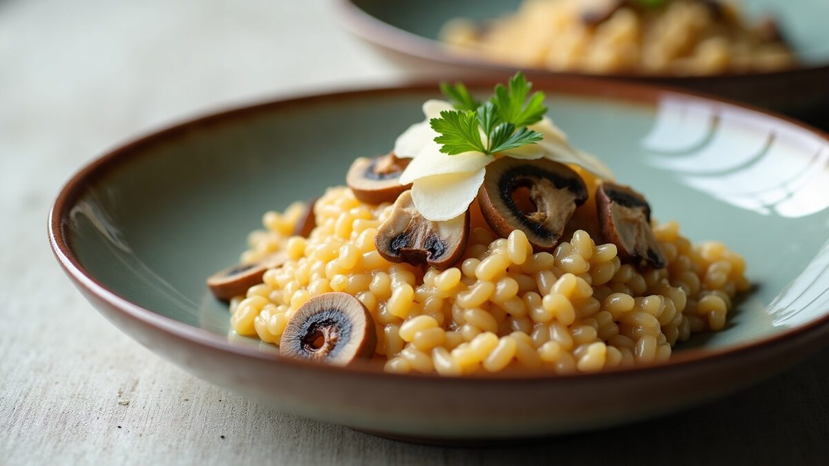 Risoto de funghi gourmet finalizado em prato elegante