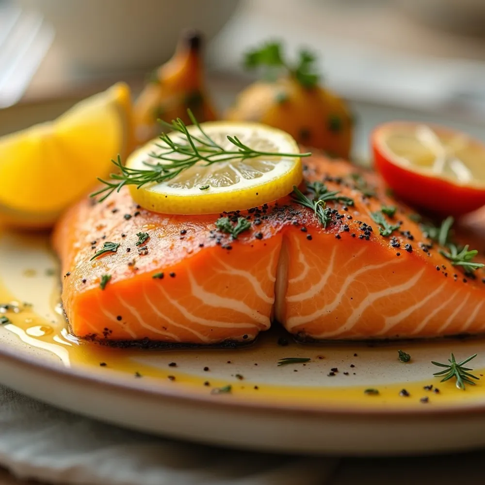 Salmão assado gourmet em composição quadrada