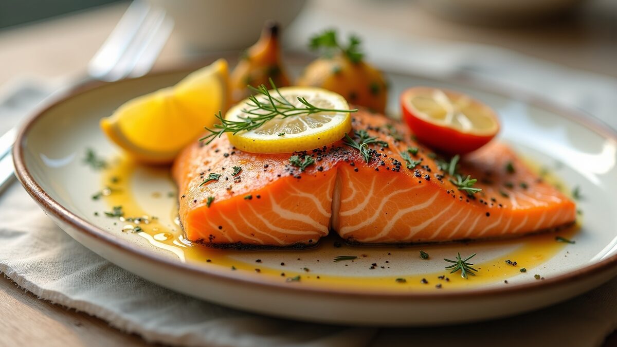 Salmão assado gourmet finalizado em prato elegante