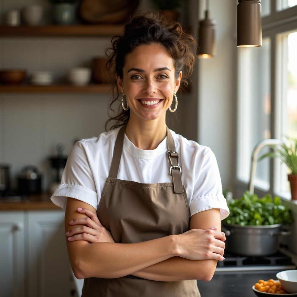 Retrato editorial de Sofia Moura em cozinha gourmet elegante