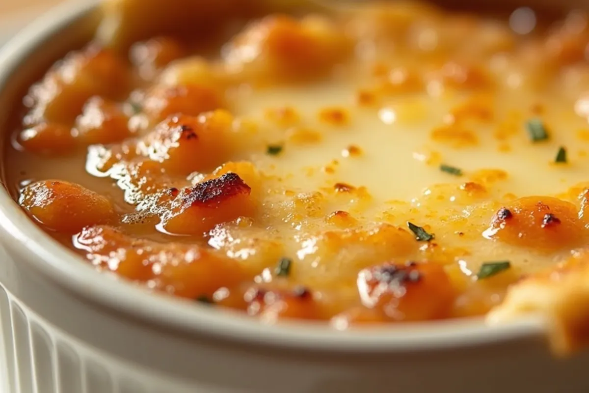 Detalhe do preparo de sopa de cebola gratinada com luz natural