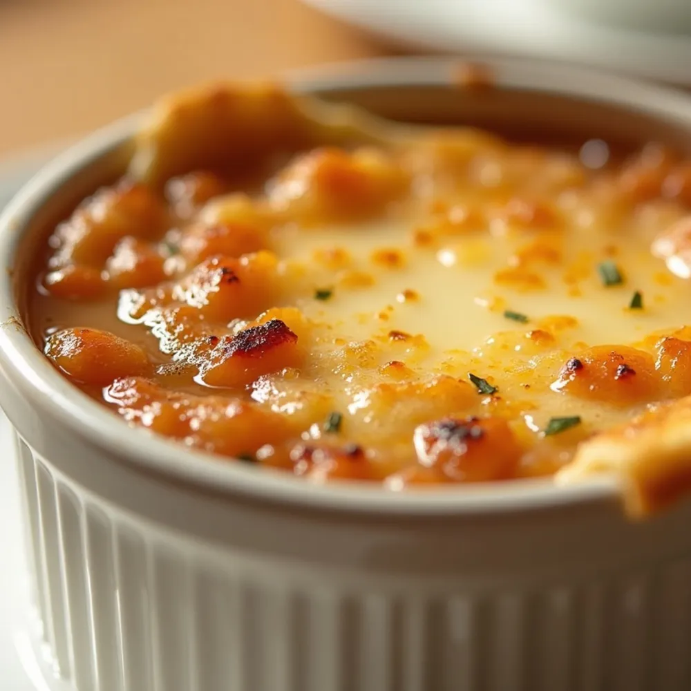 Sopa de cebola gratinada gourmet em composição quadrada