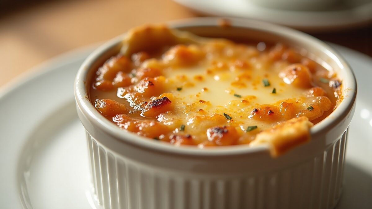 Sopa de cebola gratinada gourmet finalizado em prato elegante