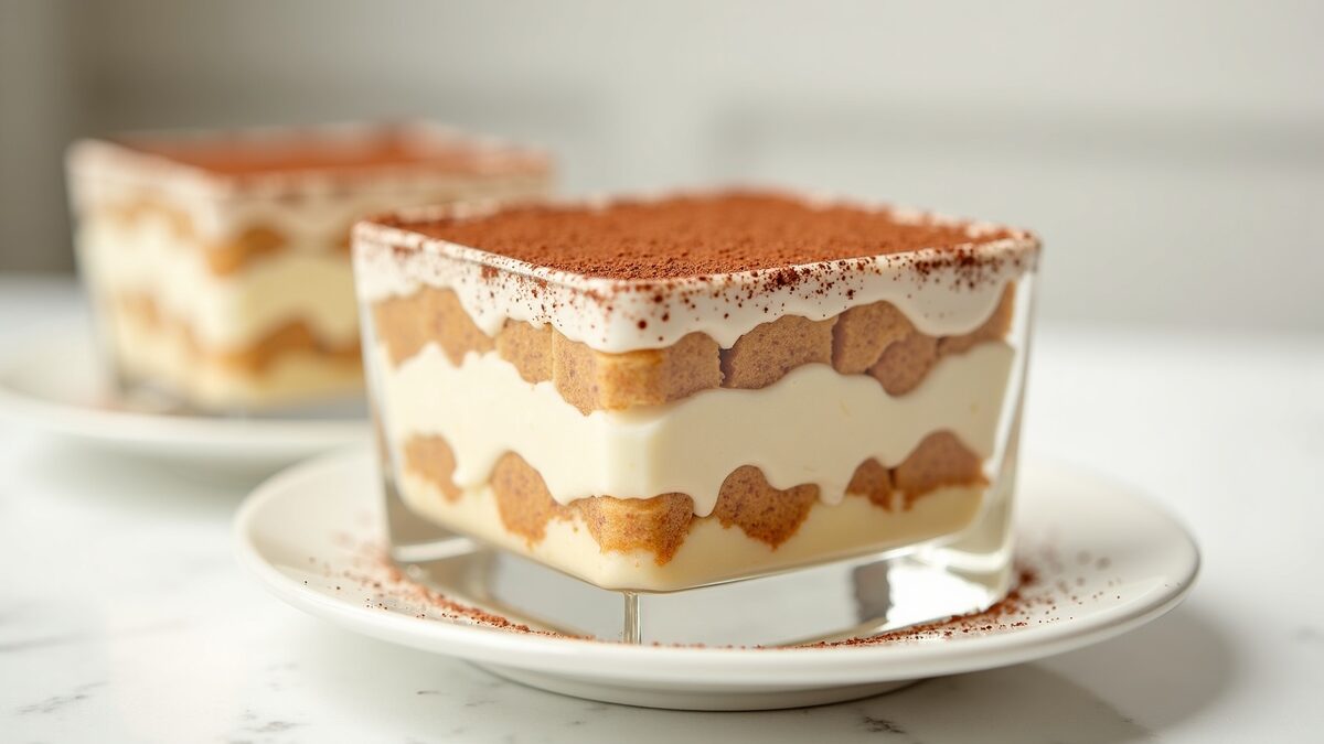 Tiramisù gourmet finalizado em prato elegante